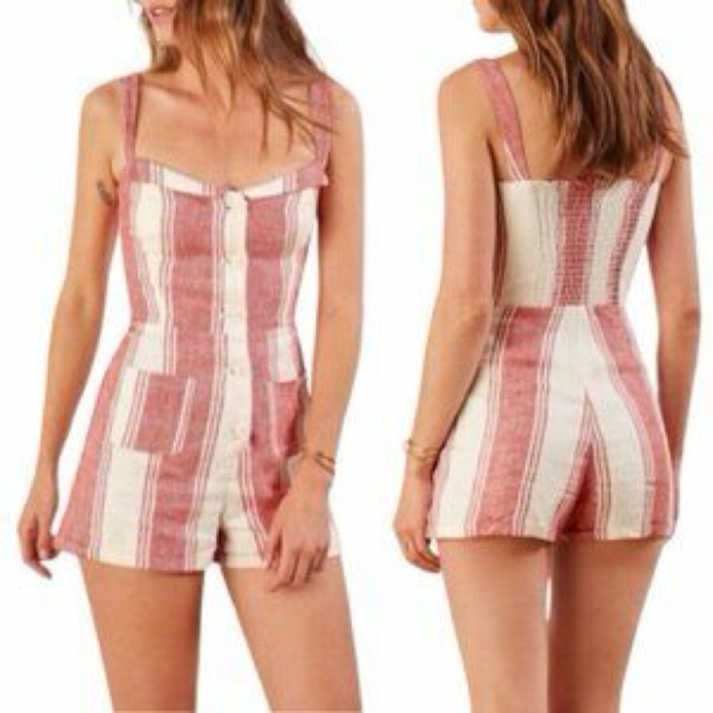 Reformation Coconut Linen Romper in the red and white Cuba Stripe (114)